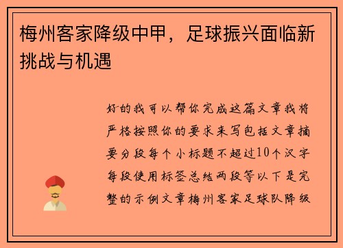 梅州客家降级中甲，足球振兴面临新挑战与机遇